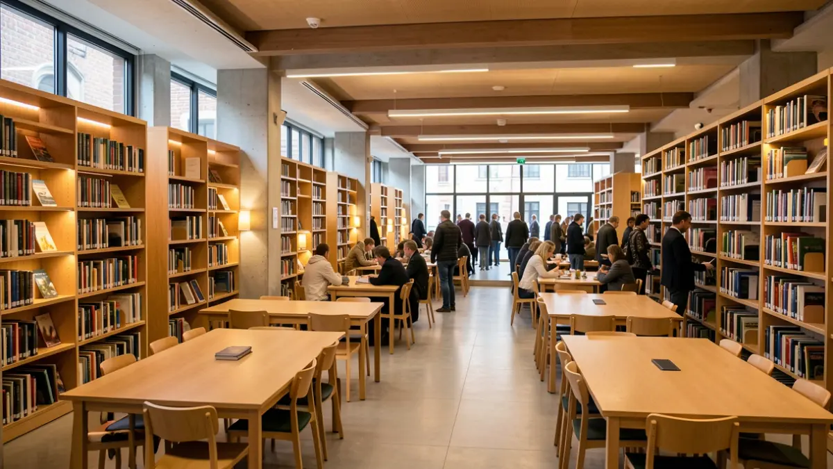 Generic image of a modern public library in Catalunya, with bookshelves full of books and study areas.