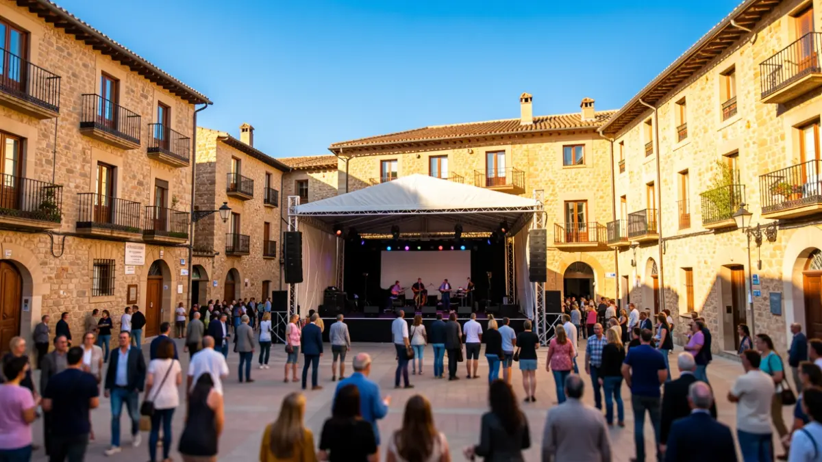 Plaça d'un poble català amb un escenari preparat per a un acte commemoratiu.