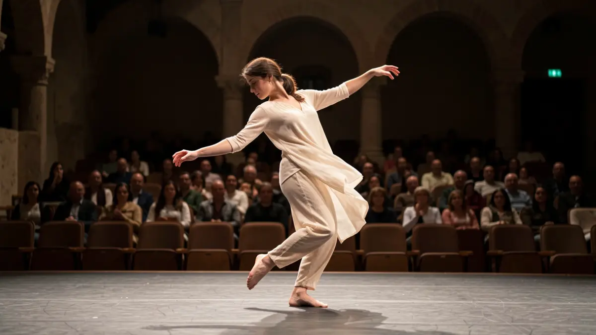 Ballarina realitzant un solo de dansa contemporània en un escenari amb seients buits al fons.