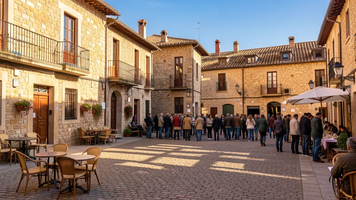 Imagen genérica de una plaza de pueblo catalán con arquitectura tradicional y luz cálida.