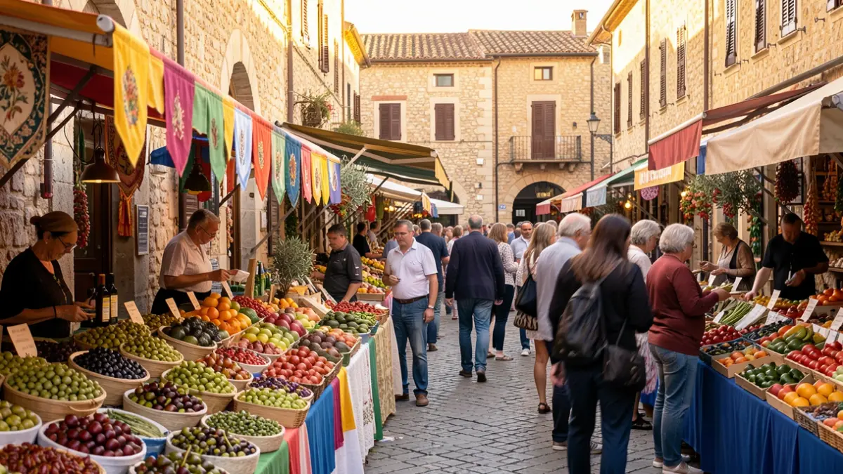 Generic image of a local fair with stalls of regional products and people enjoying the atmosphere.