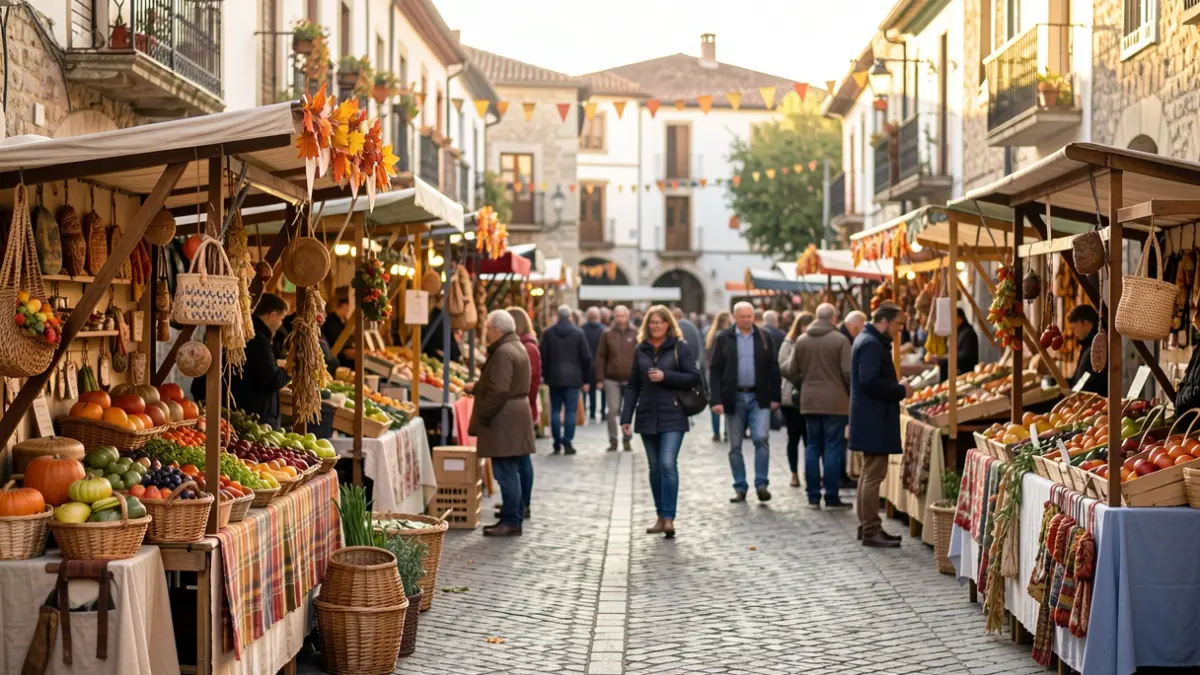 Generic image of a Catalan town square decorated for an autumn fair with stalls selling local produce and crafts.