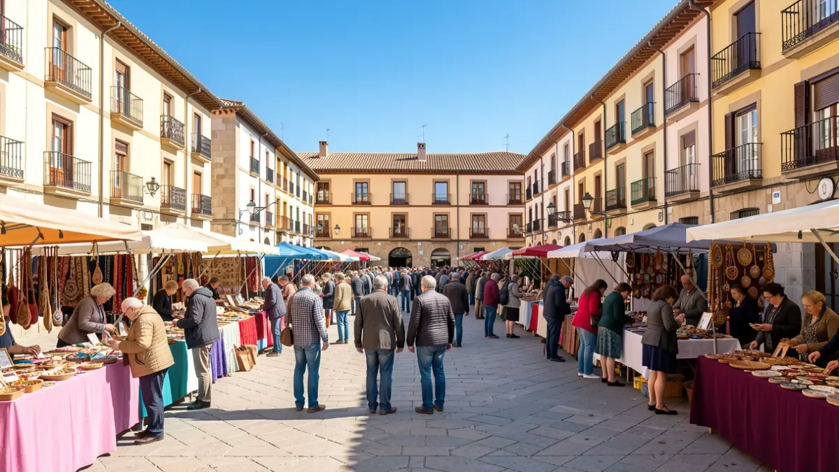 Generic image of a town square in Catalunya with stalls and people participating in a fair.