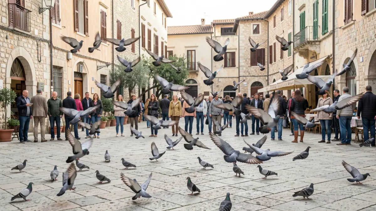 Generic image of a flock of pigeons flying over a Mediterranean town square with stone pavement and traditional architecture, soft daylight.