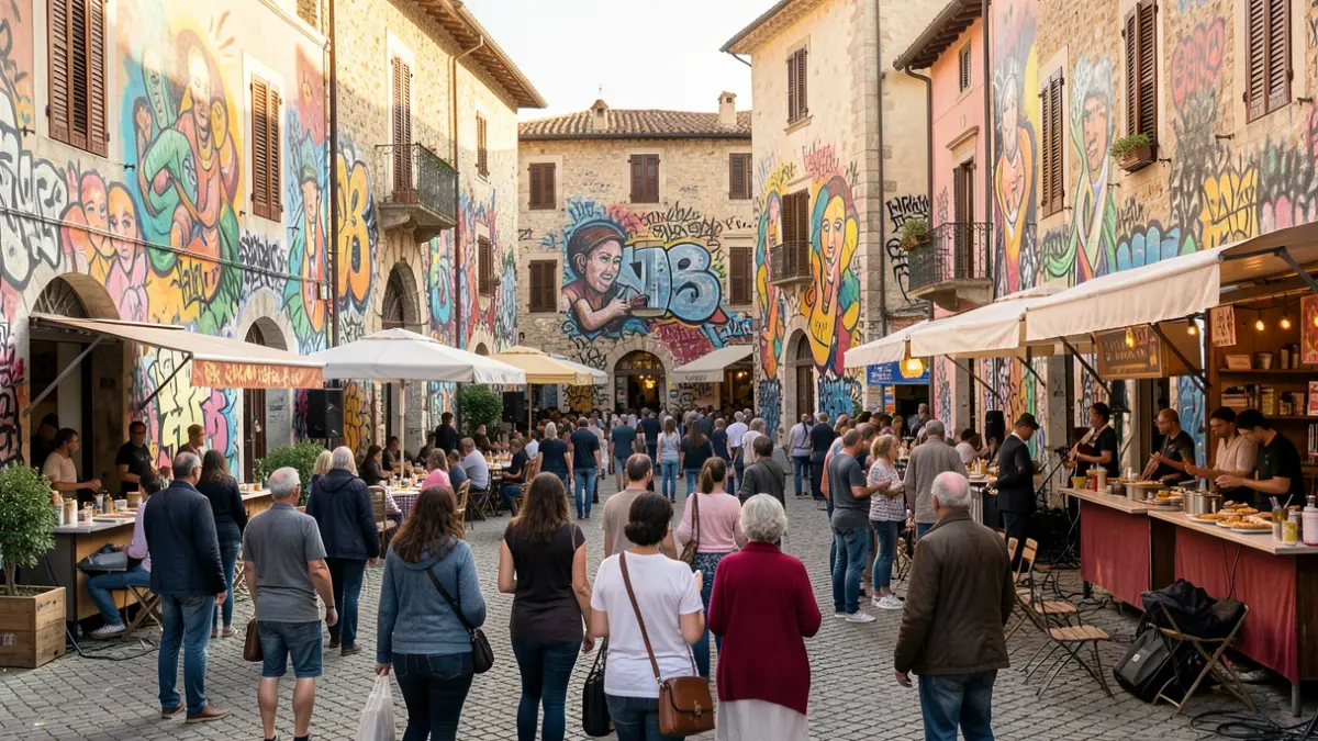 Escena del festival de arte urbano Zim Zam Cassà con murales, puestos de comida y música.