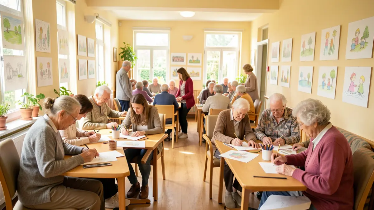 Art students sketching with residents of a care home.