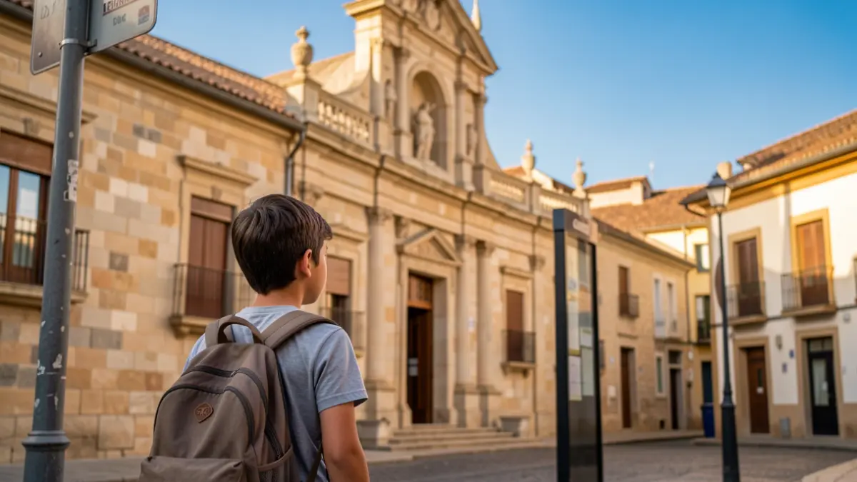 Estudiante joven mirando una señal de parada de autobús frente a un ayuntamiento catalán.