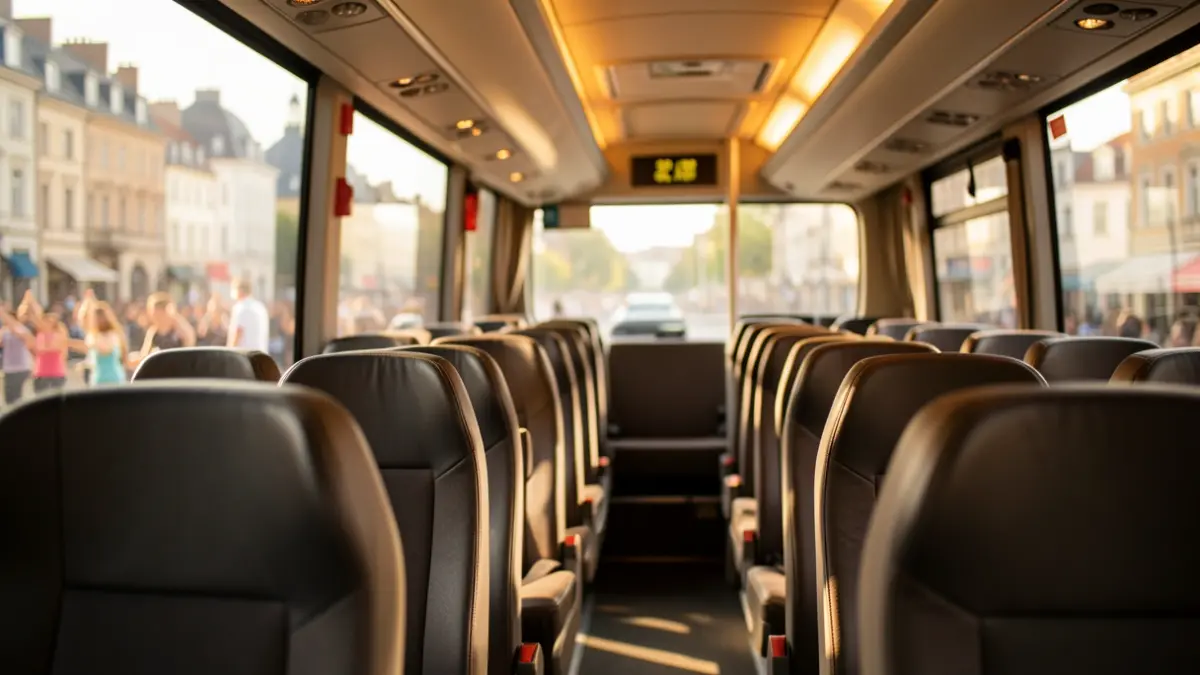 Imatge genèrica de l'interior d'un autobús amb seients buits i una finestra que mostra una ciutat.