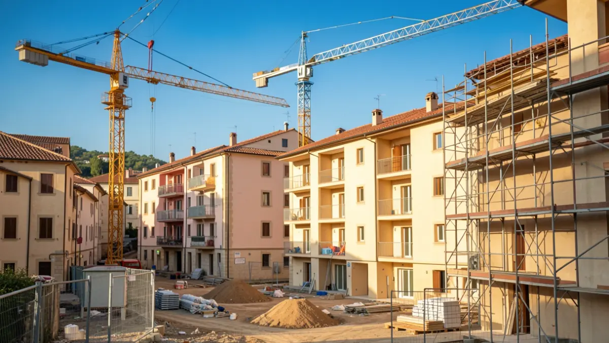 Imatge genèrica d'un lloc d'obres d'habitatges a Catalunya, amb grues i bastides.