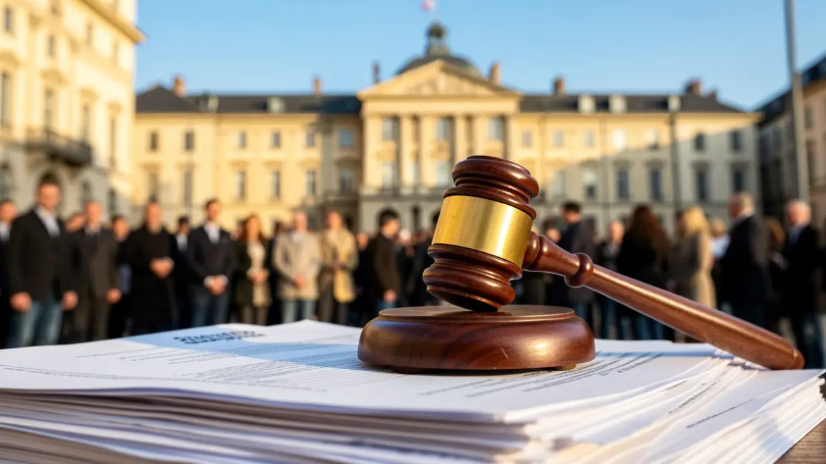 Generic image of a wooden gavel on official documents in front of a town hall.