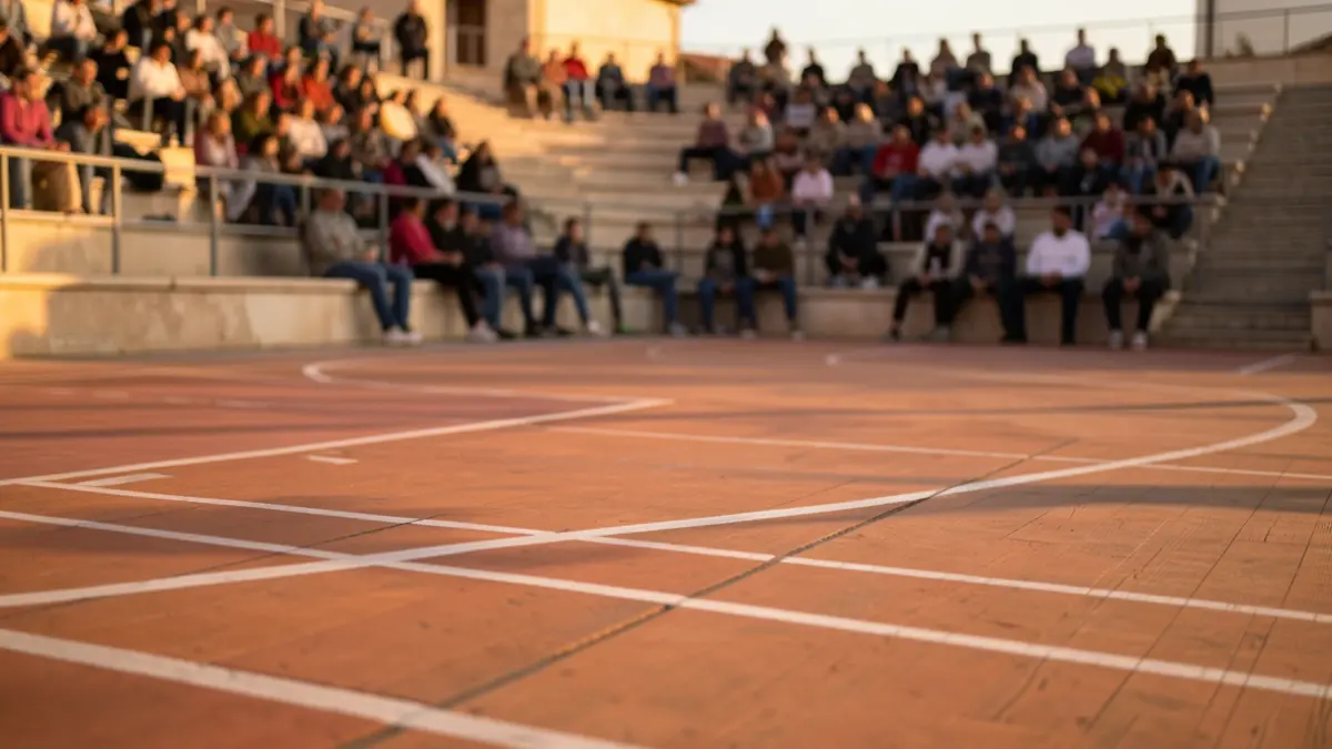 Imatge genèrica d'una pista de bàsquet a la tarda, amb llum càlida i graderies buides.
