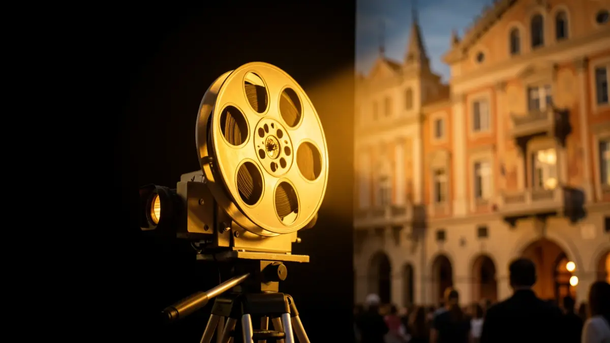 Una bobina de pel·lícula i un projector il·luminant l'espai, suggerint un festival de cinema.