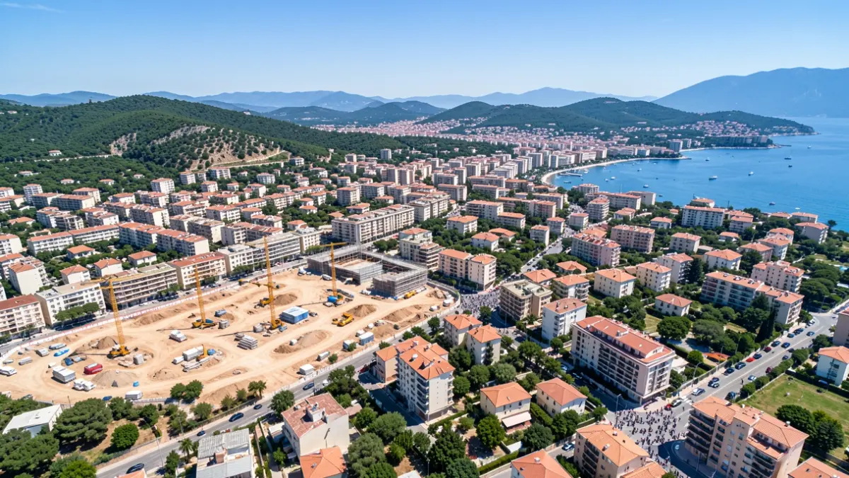 Vista aérea de Badalona con zonas urbanas y colinas verdes.