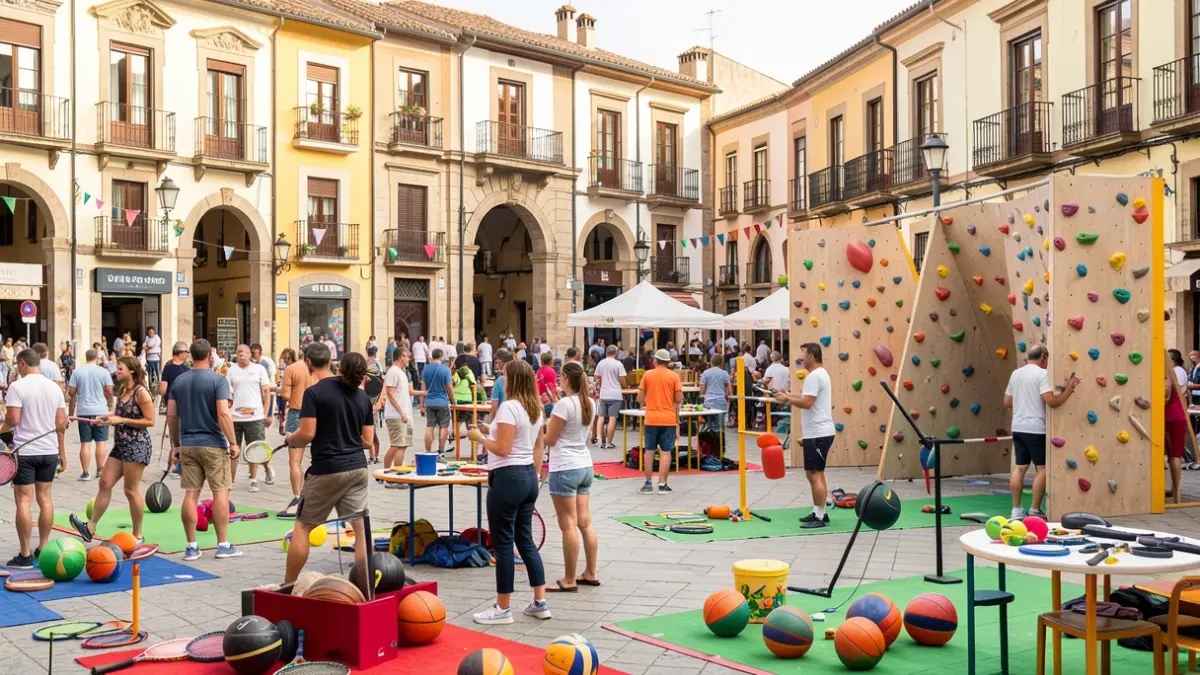 Imatge genèrica d'una fira esportiva a l'aire lliure en una plaça de Catalunya, amb diverses activitats i participants.