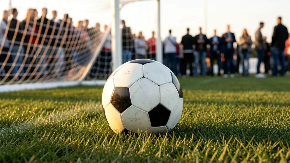 Generic image of a soccer ball on grass with a blurred goal net in the background.