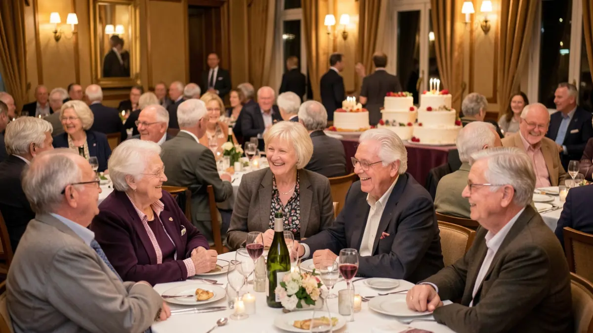 Imatge genèrica de parelles grans celebrant en un saló festiu amb pastís.