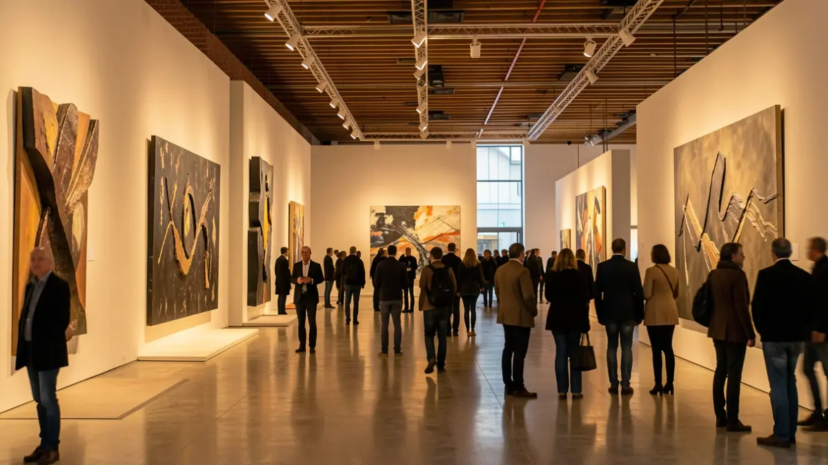 Imatge genèrica d'una sala d'exposicions moderna a Catalunya amb obres d'art abstractes i il·luminació càlida.