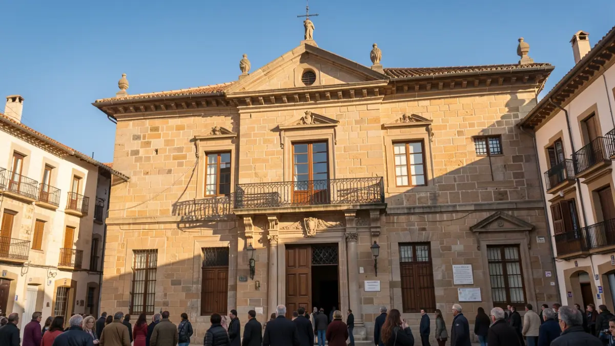 Generic image of a Catalan stone town hall facade with an iron balcony, illuminated by warm afternoon light.
