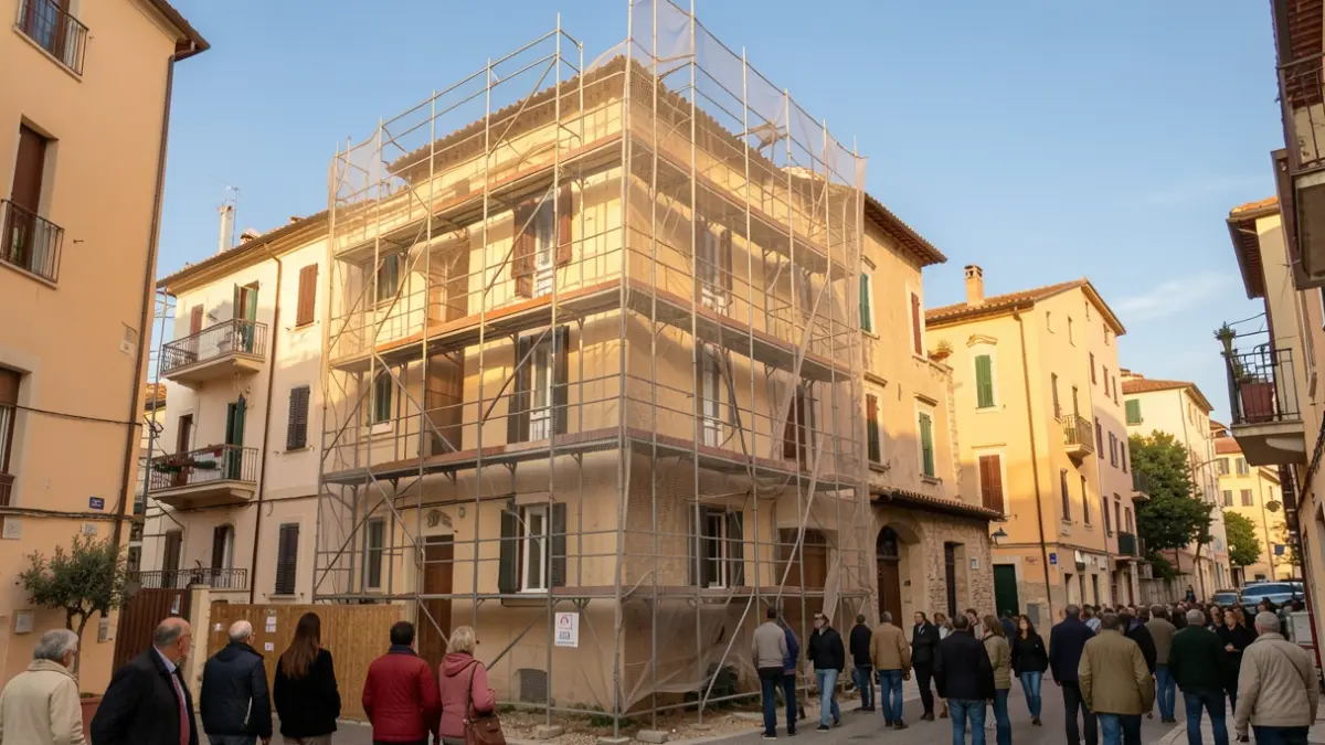 Imatge genèrica de blocs d'apartaments en obres amb bastides i xarxes de seguretat.