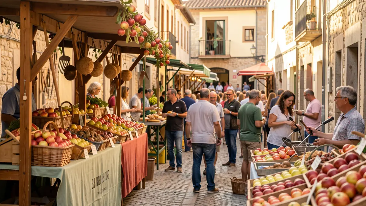 Ambiente de la Feria de la Manzana de Barbens con puestos, gente y música.