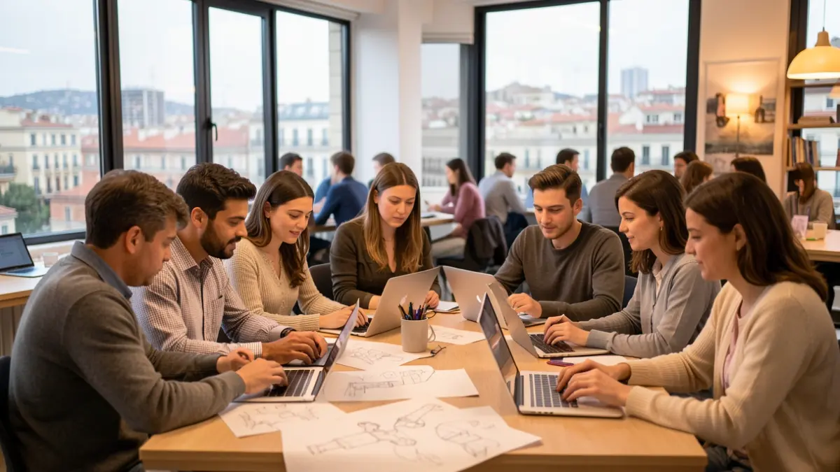 Generic image of young people collaborating in a co-working space with laptops and sketches.