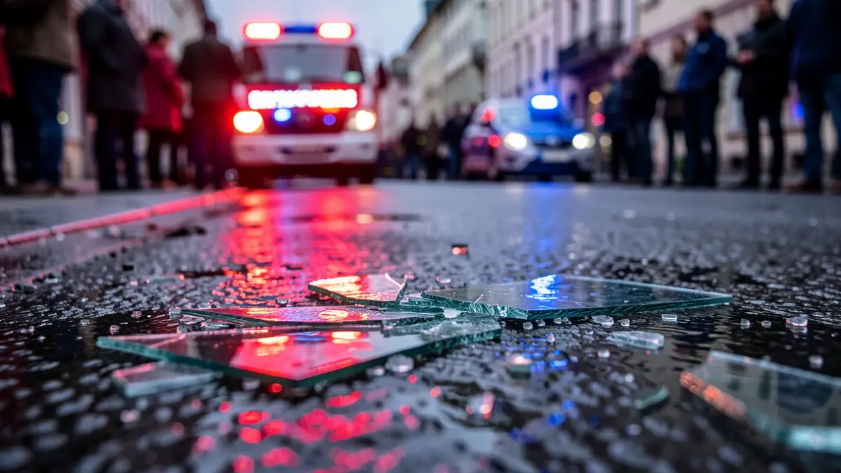 Generic image of broken glass on a dark pavement with blurred emergency lights.