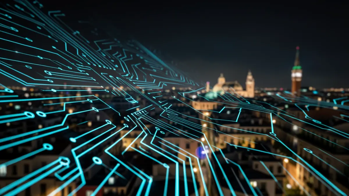 Imatge genèrica de patrons de circuits brillants i nodes interconnectats, amb una silueta urbana al fons.