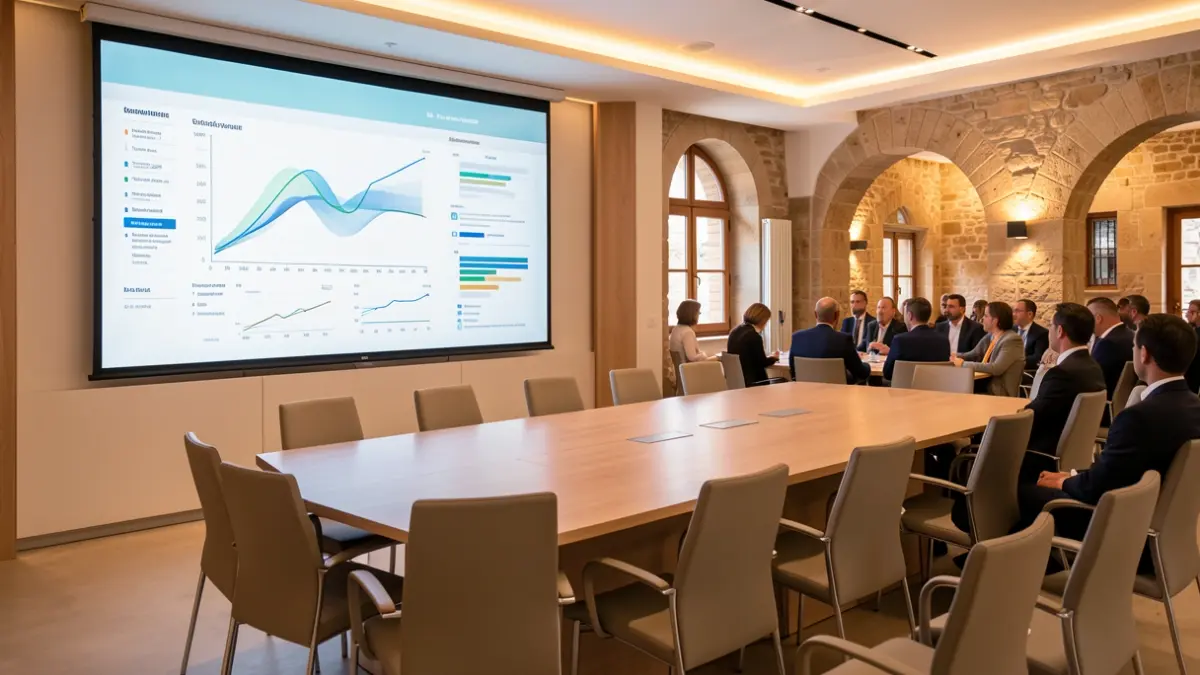 Sala de conferencias con pantalla de visualización de datos y sillas vacías, con elementos arquitectónicos mediterráneos.