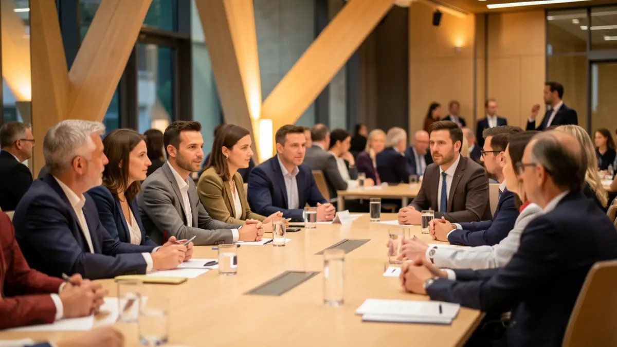 Imatge genèrica de professionals debatent en una sala de conferències internacional.