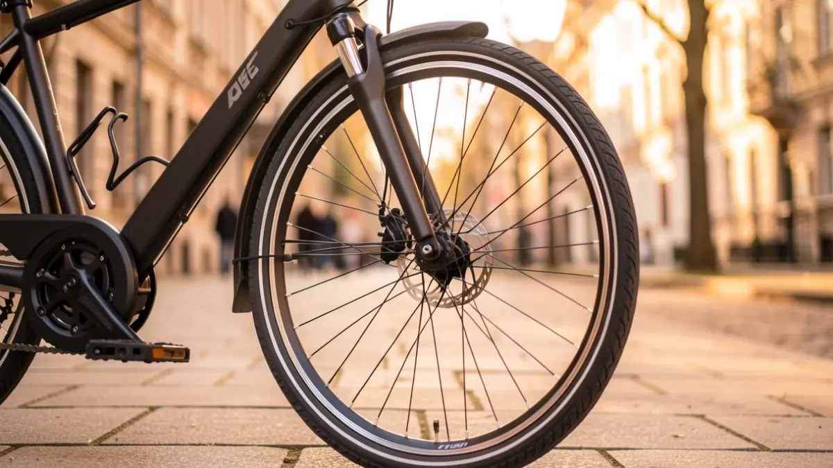 Imatge genèrica d'una roda de bicicleta elèctrica amb pedals, aparcada en una vorera amb edificis urbans difuminats al fons.