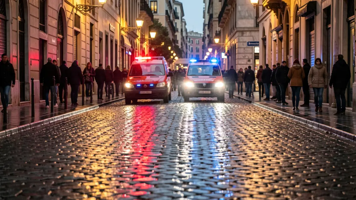 Calles mojadas de Barcelona con luces de emergencia reflejándose tras las lluvias.