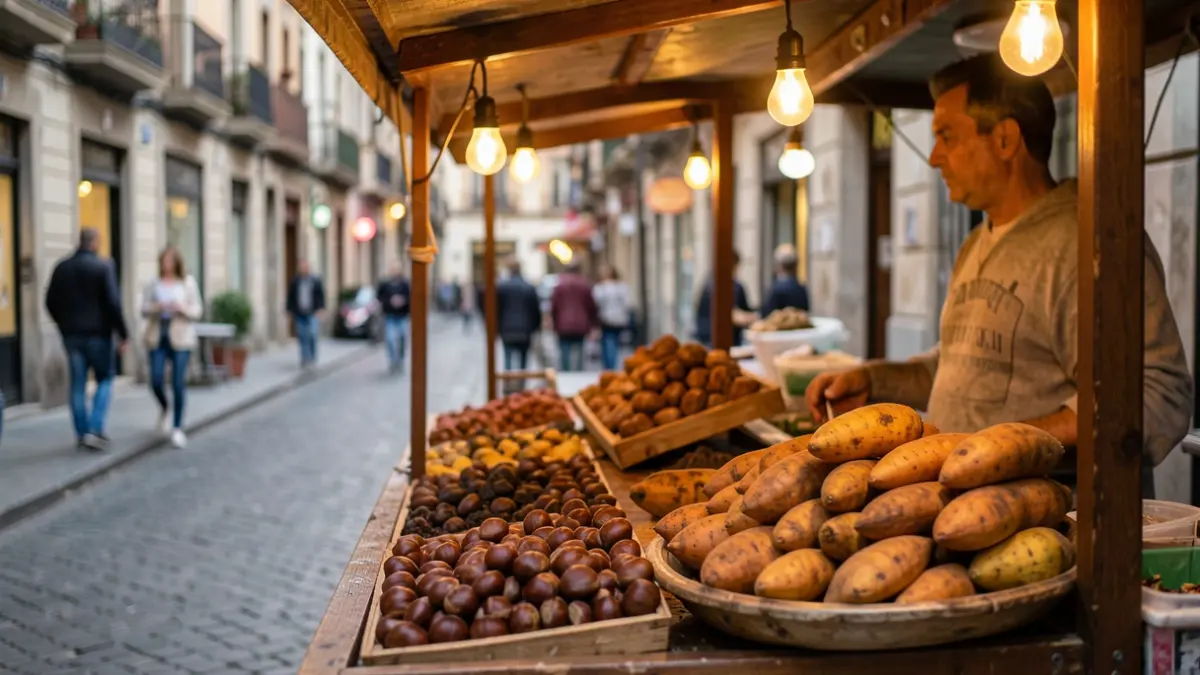 Imatge genèrica d'una parada de castanyes i moniatos al carrer.