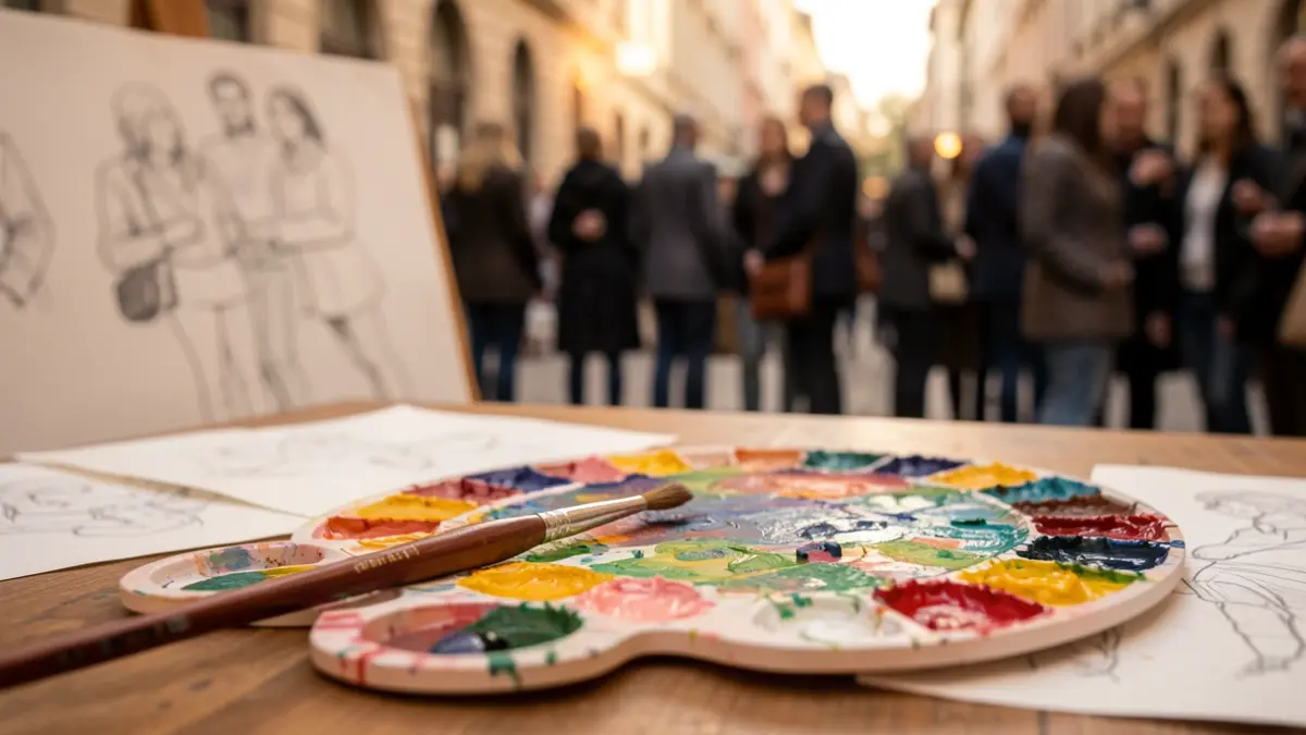 Imatge genèrica d'una paleta de pintor amb pinzells i esbossos artístics al fons.