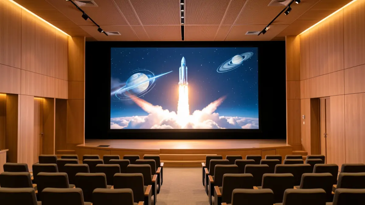 Interior d'una sala de congressos moderna amb una pantalla que mostra el llançament d'un coet, simulant la candidatura de Barcelona per a l'IAC 2029.