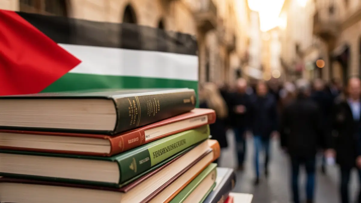 Imatge genèrica de llibres amb una referència subtil a Palestina al fons.