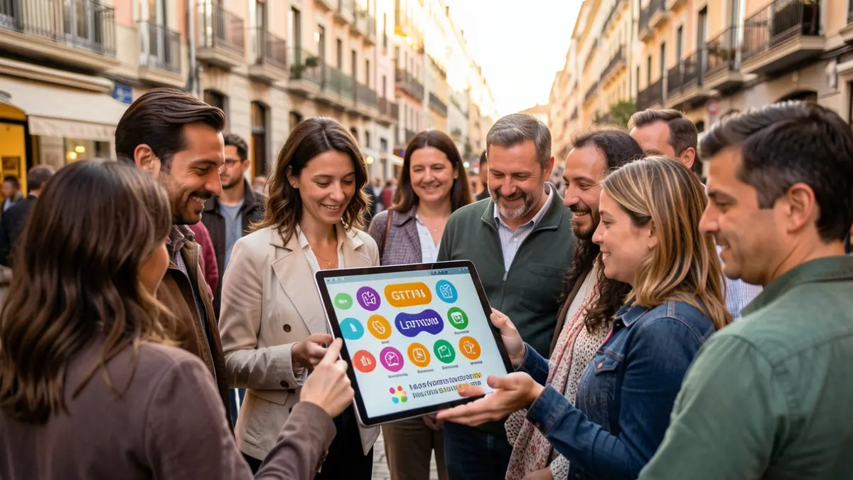 Imatge genèrica de persones consultant una guia digital de recursos LGTBI a Barcelona.