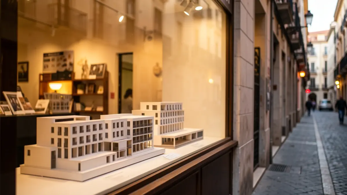 Aparador d'una botiga a Barcelona amb maquetes d'arquitectura exposades.