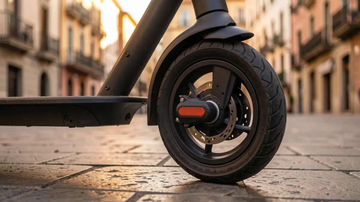 Roda d'un ciclomotor elèctric aparcat en una vorera de Barcelona al vespre.