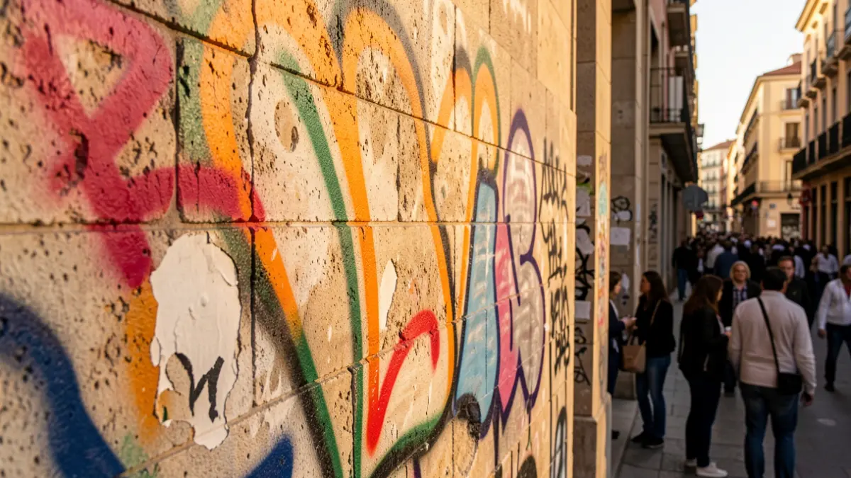 Graffiti removal on a wall in Barcelona.