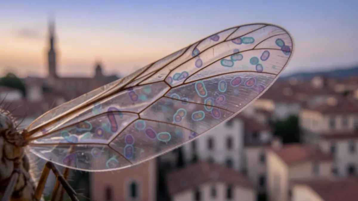 Imatge genèrica d'una ala de mosquit amb patrons abstractes sobre un fons urbà difuminat.