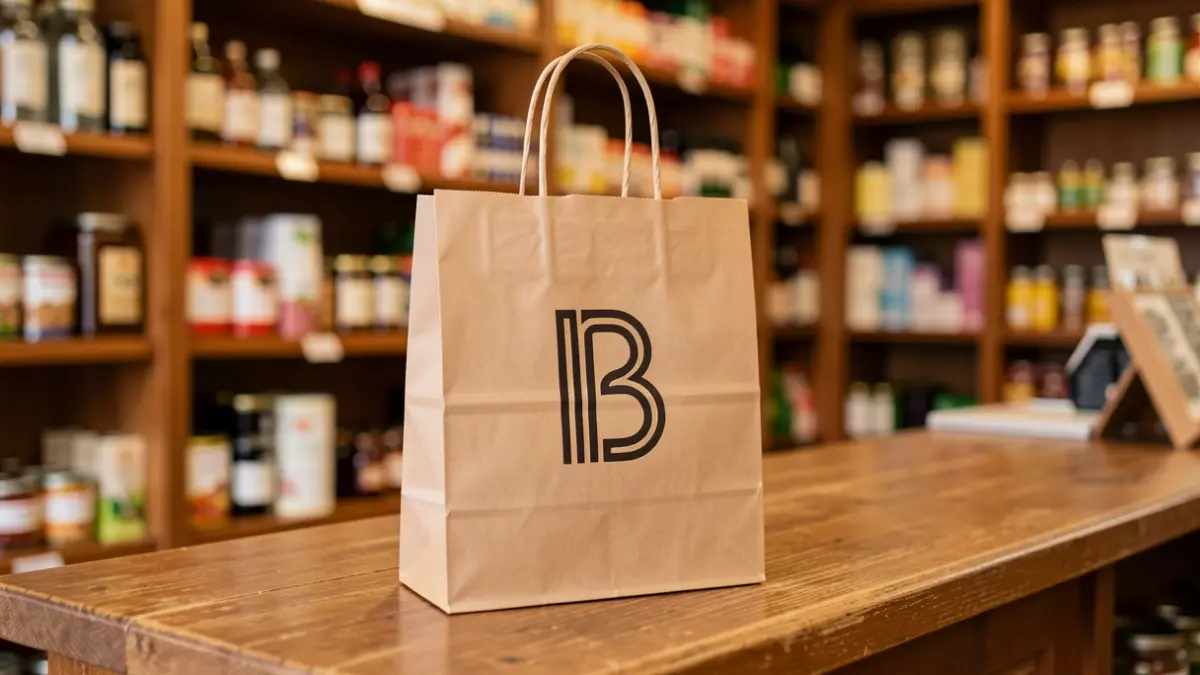 Bossa de compra amb logo 'B' sobre un taulell de comerç de proximitat.