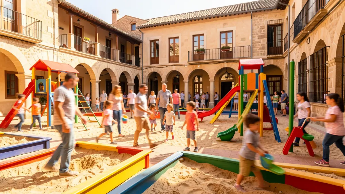 Un pati escolar obert a Barcelona amb nens i famílies jugant.