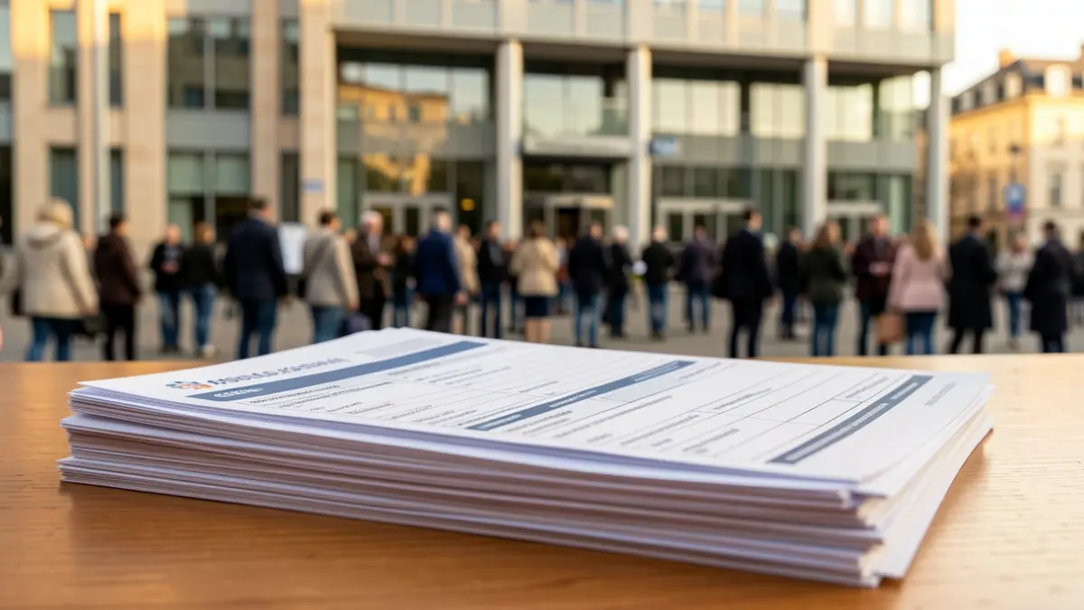 Imatge genèrica de documents oficials i formularis sobre una taula de fusta, amb la façana d'un ajuntament al fons.