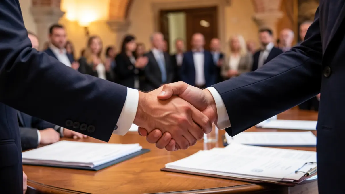 Imatge genèrica de mans tancant un acord sobre una taula amb documents.