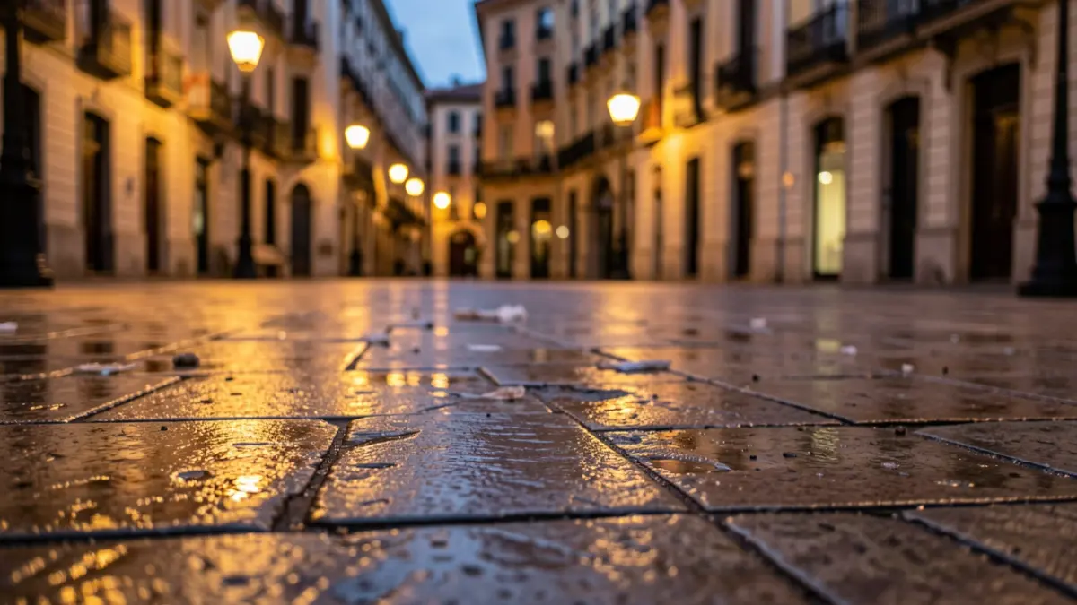 Imagen genérica de una plaza de Barcelona después de la lluvia.