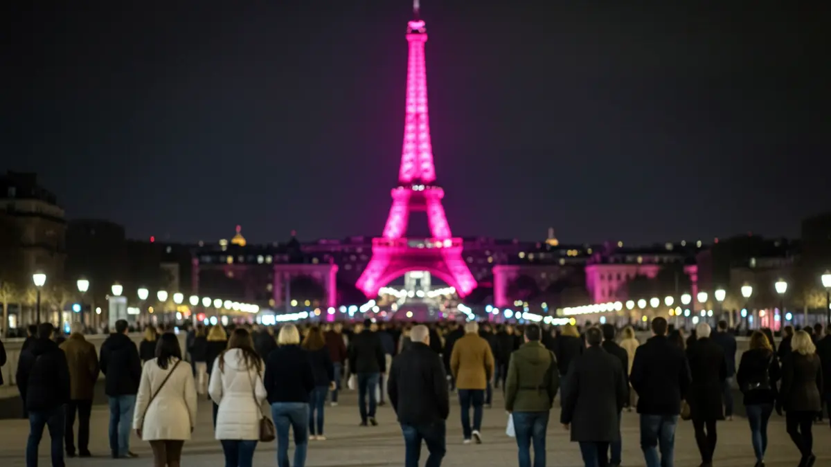 Generic image of an emblematic building illuminated in pink during the night.
