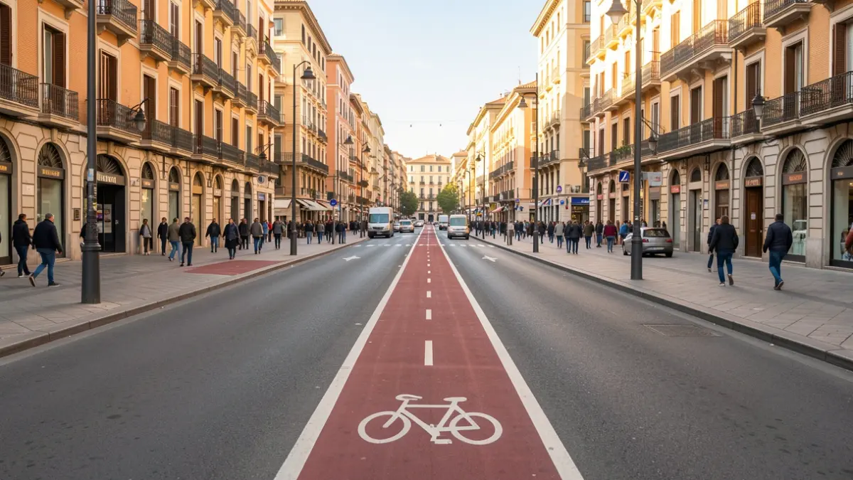 Nuevo carril bici en medio de la calzada de la calle Marina en Barcelona.
