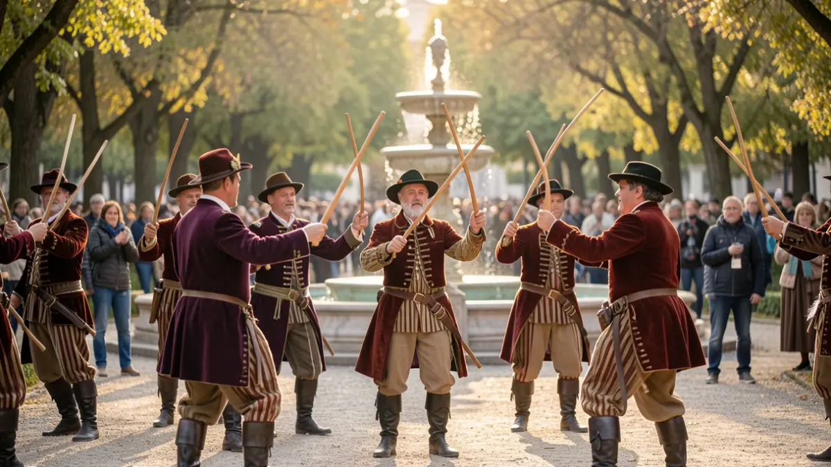 Bastons de Santa Coloma dancers performing in a park.