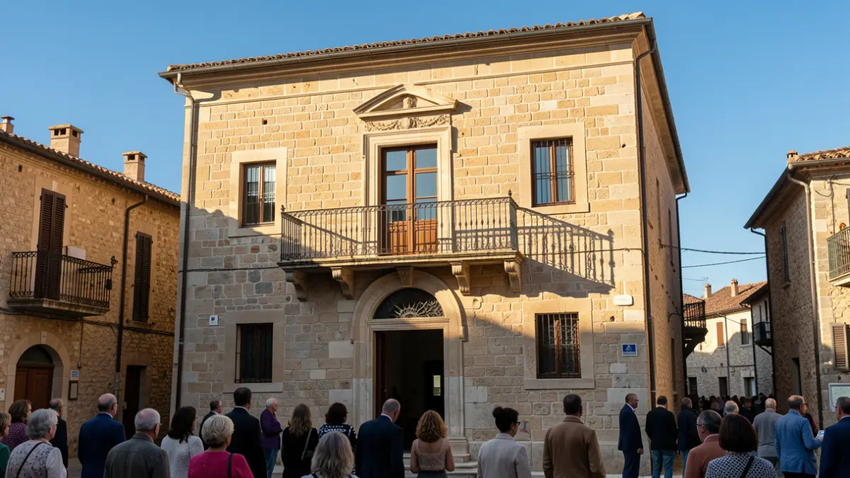 Façana d'un ajuntament de pedra amb balcó i baranes de ferro, llum càlida de tarda.