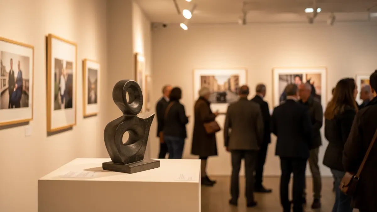 Generic image of a contemporary art exhibition space with sculptures and photographs.
